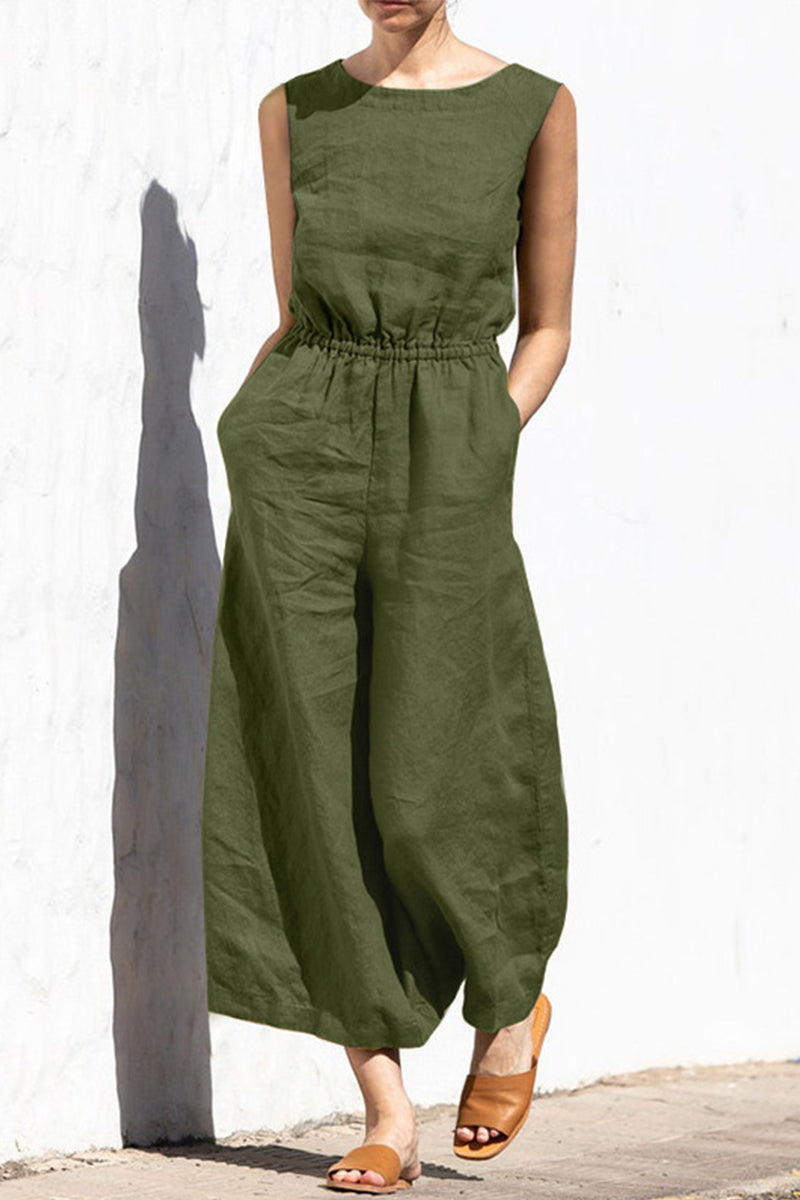 Casual Simplicity Solid Solid Color O Neck Loose Jumpsuits(4 Colors) Army Green