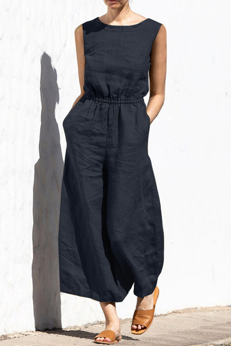 Casual Simplicity Solid Solid Color O Neck Loose Jumpsuits(4 Colors) Black