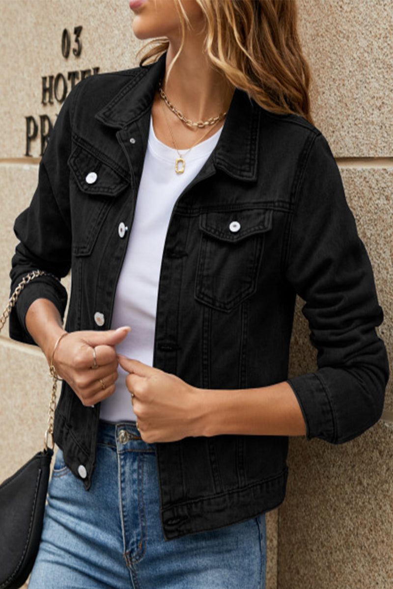 Street Elegant Solid Pocket Turndown Collar Long Sleeve Regular Denim Jacket(7 Colors) Black