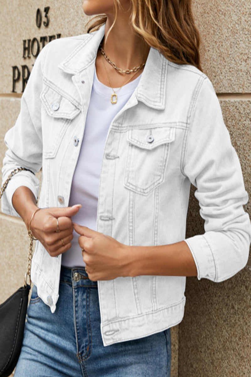 Street Elegant Solid Pocket Turndown Collar Long Sleeve Regular Denim Jacket(7 Colors) White