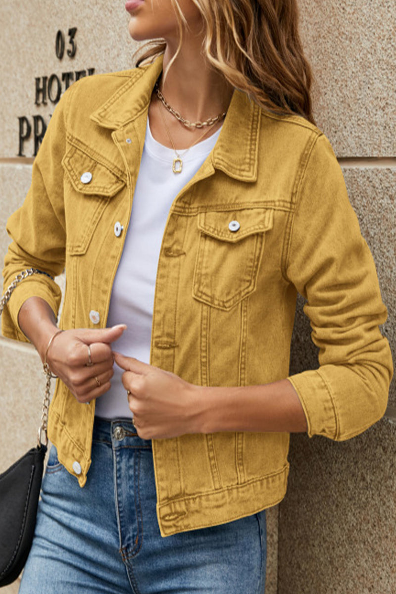 Street Elegant Solid Pocket Turndown Collar Long Sleeve Regular Denim Jacket(7 Colors) Earth Yellow