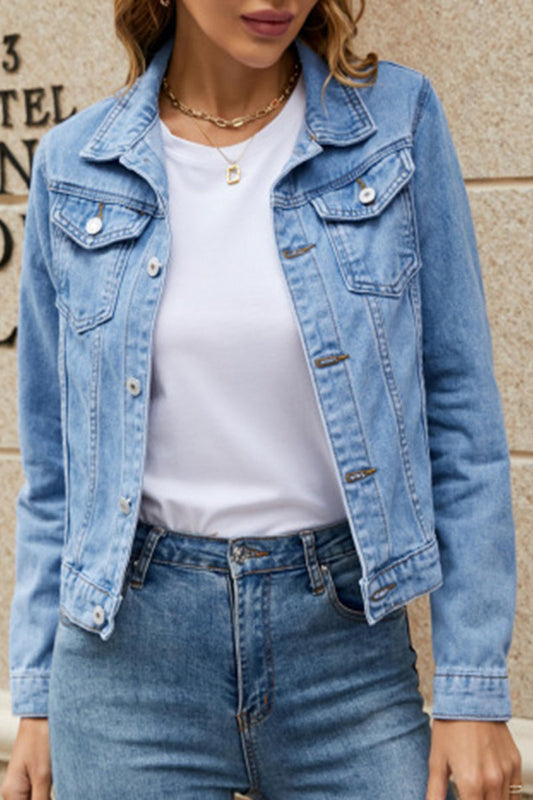 Street Elegant Solid Pocket Turndown Collar Long Sleeve Regular Denim Jacket(7 Colors) Light Blue