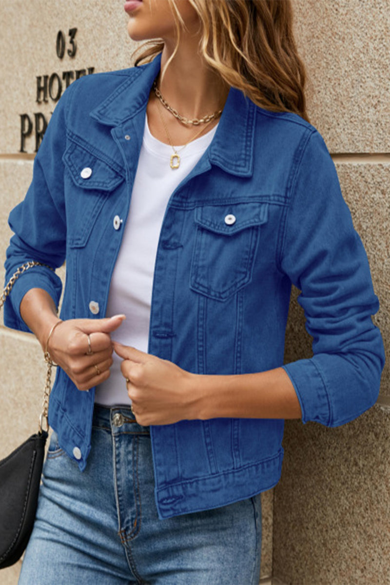 Street Elegant Solid Pocket Turndown Collar Long Sleeve Regular Denim Jacket(7 Colors) Deep Blue