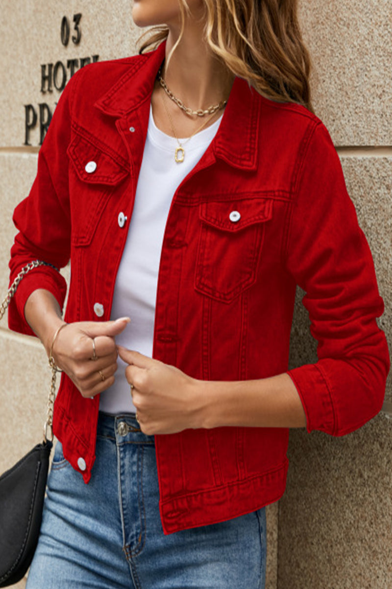 Street Elegant Solid Pocket Turndown Collar Long Sleeve Regular Denim Jacket(7 Colors) Red