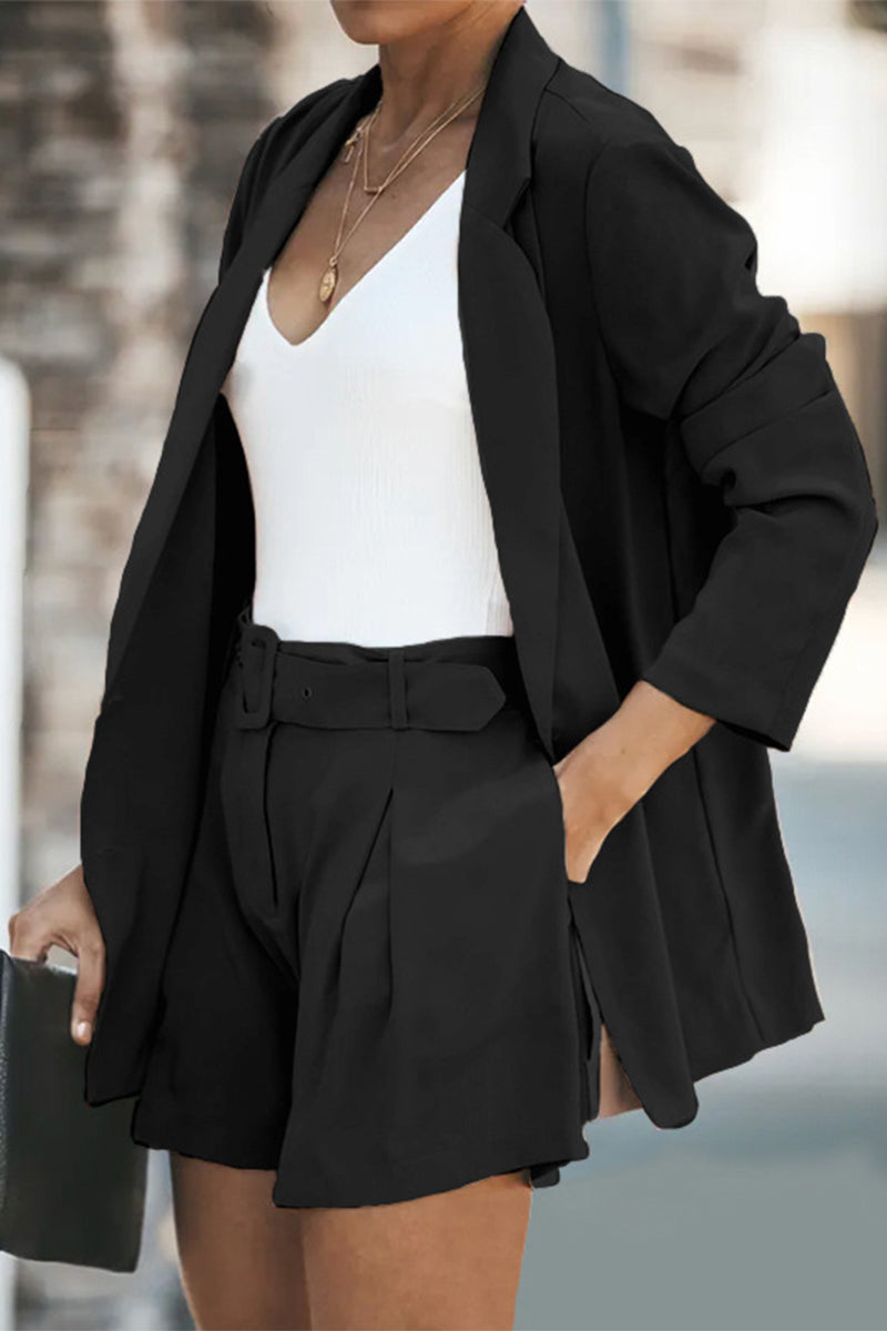 Casual Simplicity Solid Turndown Collar Long Sleeve Two Pieces(5 Colors)