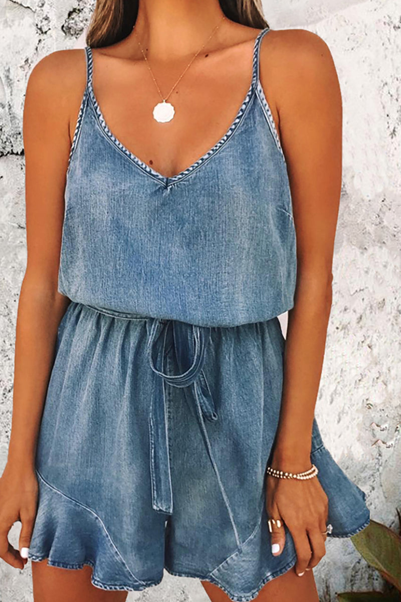 Solid Make Old With Belt V Neck Regular Rompers Blue