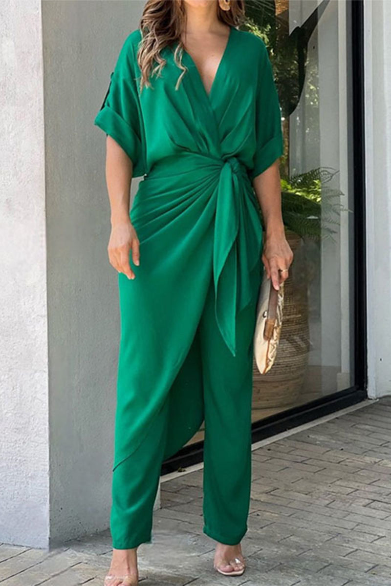 Casual Solid Frenulum V Neck Regular Jumpsuits(3 Colors) Green