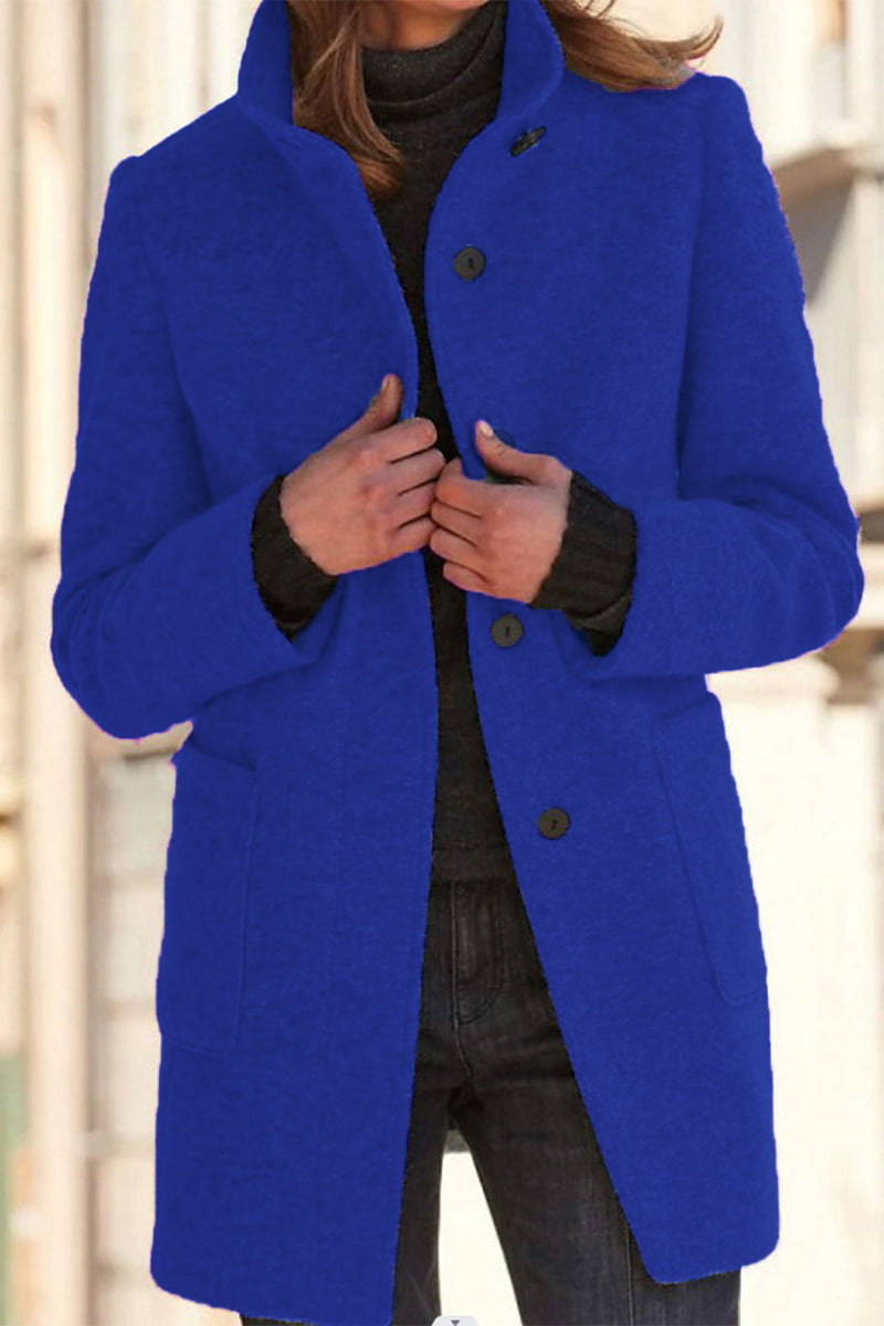 Casual Solid Solid Color Mandarin Collar Outerwear Deep Blue