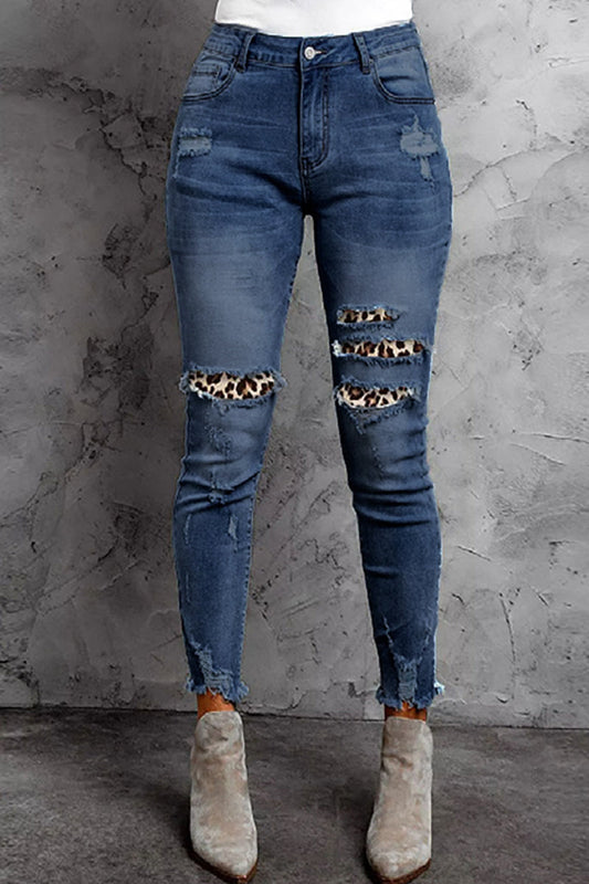 Casual Patchwork Make Old Regular Denim Jeans Baby Blue