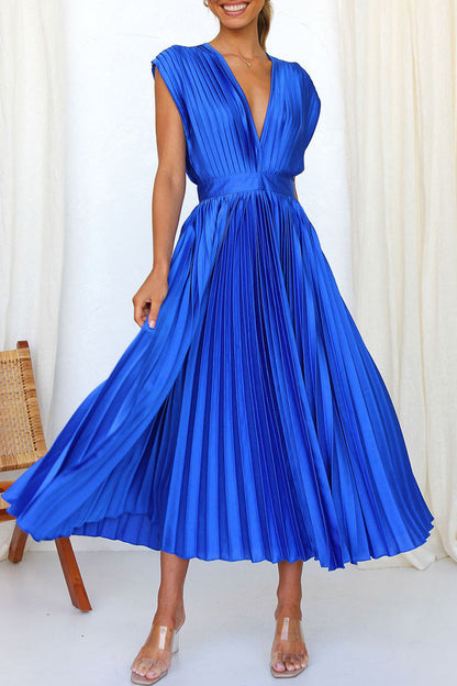 Sexy Simplicity Solid Frenulum Zipper V Neck Pleated Dresses Blue