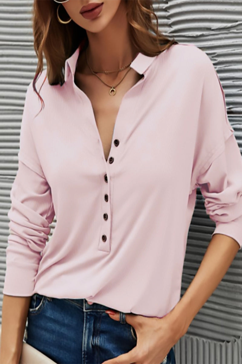 Casual Solid Buttons Solid Color Turndown Collar T-Shirts Pink