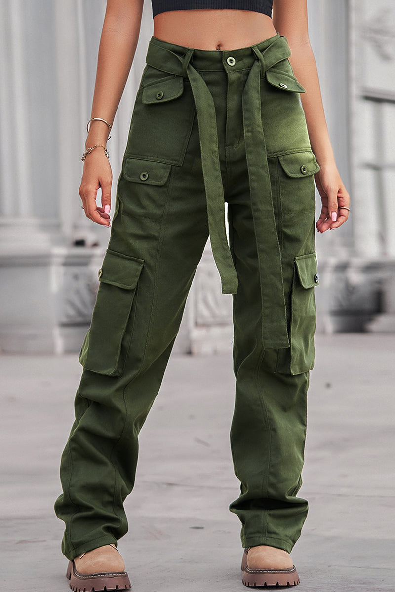 Street Solid Patchwork Pocket Loose Straight Patchwork Bottoms(4 Colors) Army Green