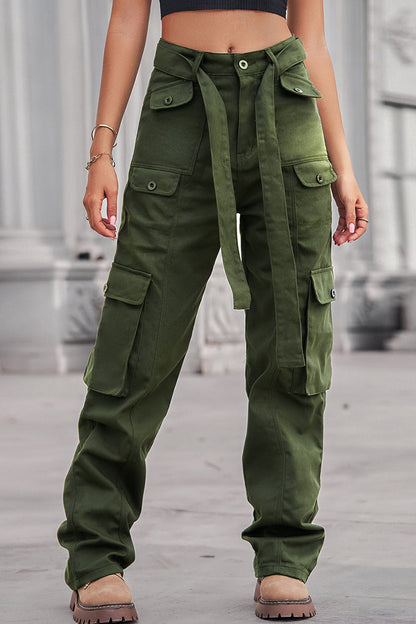 Street Solid Patchwork Pocket Loose Straight Patchwork Bottoms(4 Colors) Army Green