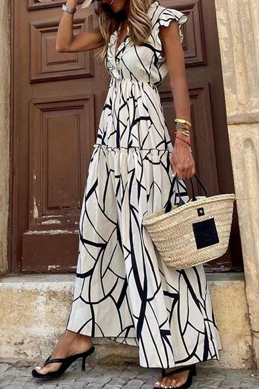 Street Geometric Printing Stringy Selvedge V Neck Irregular Dress Dresses White