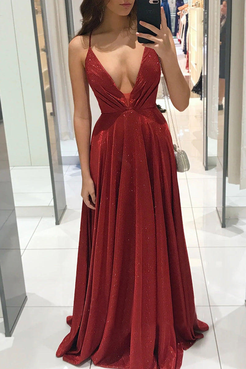 Celebrities Elegant Solid Backless V Neck Princess Dresses(3 Colors) Red