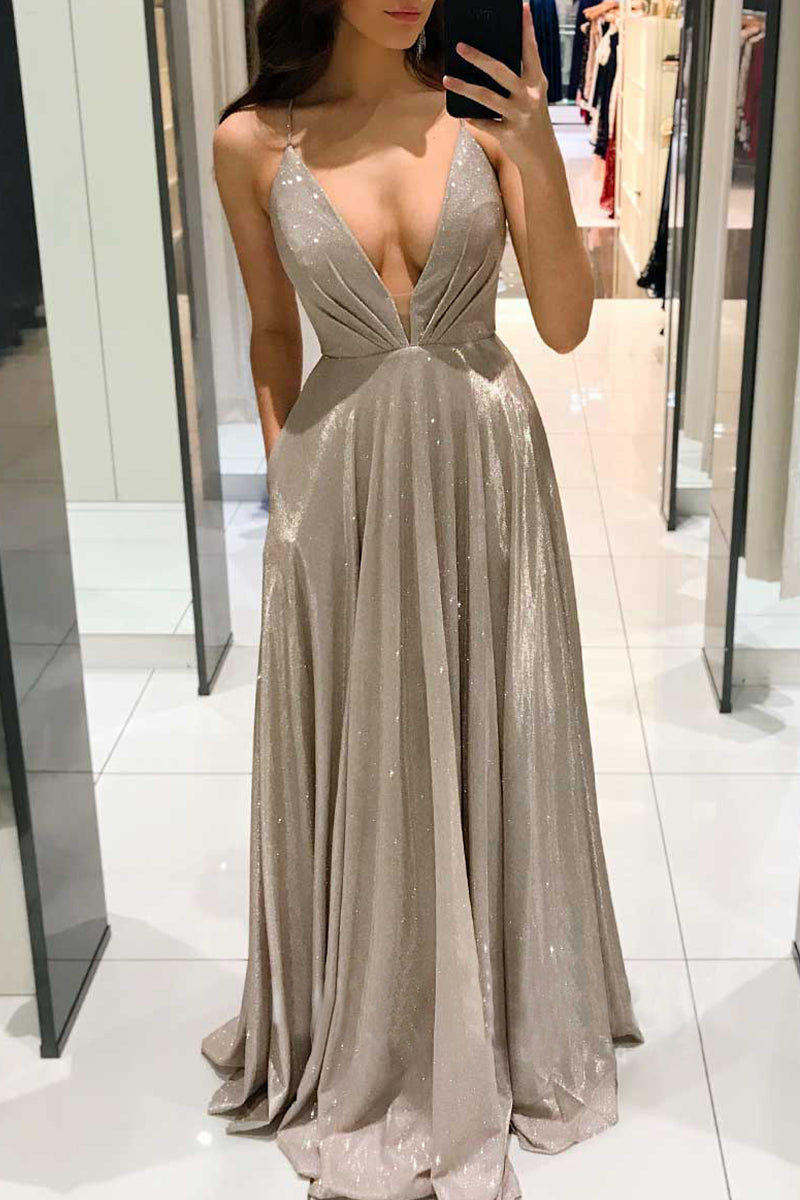 Celebrities Elegant Solid Backless V Neck Princess Dresses(3 Colors) Apricot