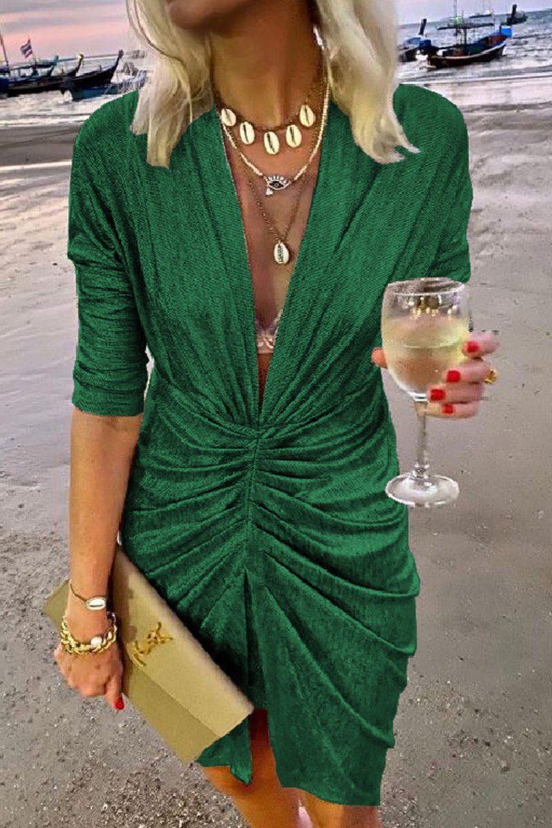 Celebrities Elegant Solid Fold V Neck A Line Dresses(4 Colors) Green