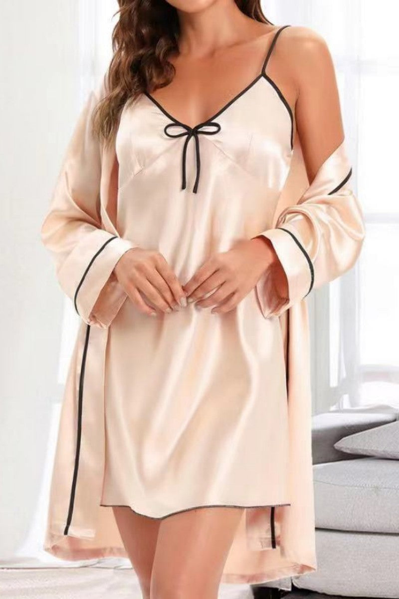 Sexy Living Solid Patchwork Suspender Nightdress Set Apricot