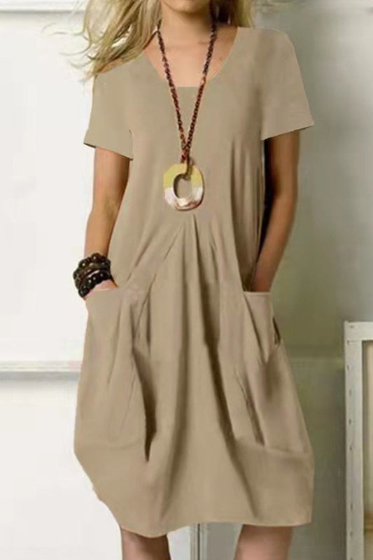 Casual Simplicity Solid Pocket O Neck Short Sleeve Dress(4 Colors) Khaki