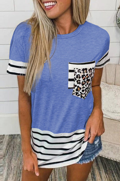 Casual Striped Leopard Patchwork Pocket T-Shirts(10 Colors) Blue