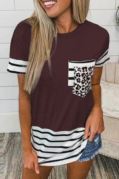 Casual Striped Leopard Patchwork Pocket T-Shirts(10 Colors) Burgundy