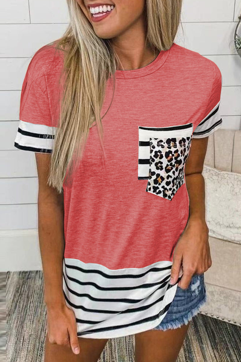 Casual Striped Leopard Patchwork Pocket T-Shirts(10 Colors) Pink