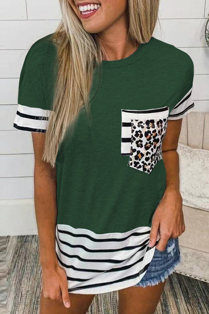 Casual Striped Leopard Patchwork Pocket T-Shirts(10 Colors) Green