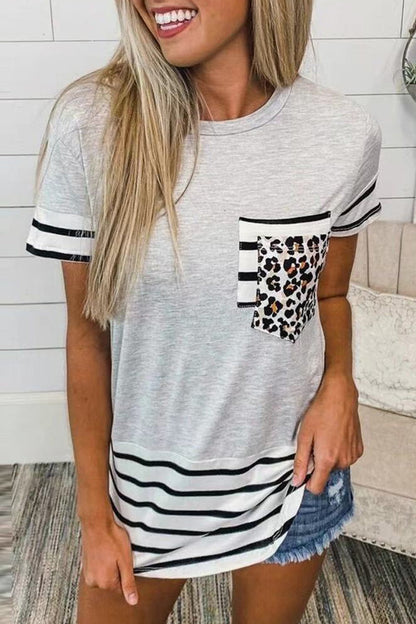 Casual Striped Leopard Patchwork Pocket T-Shirts(10 Colors) Gray White