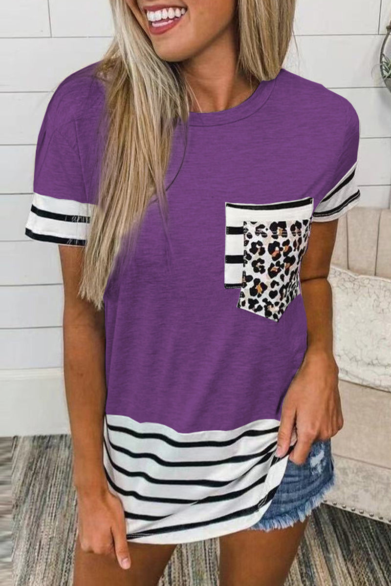 Casual Striped Leopard Patchwork Pocket T-Shirts(10 Colors) Purple