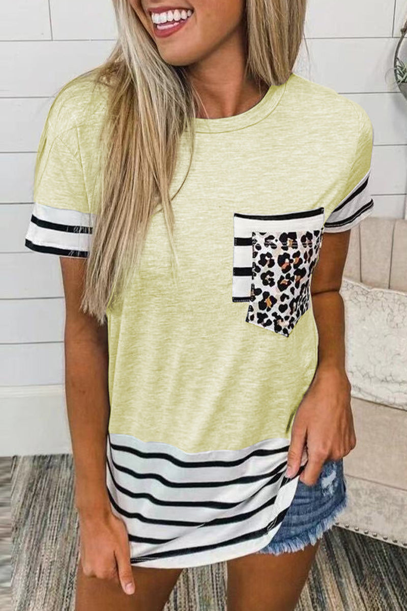 Casual Striped Leopard Patchwork Pocket T-Shirts(10 Colors) Yellow