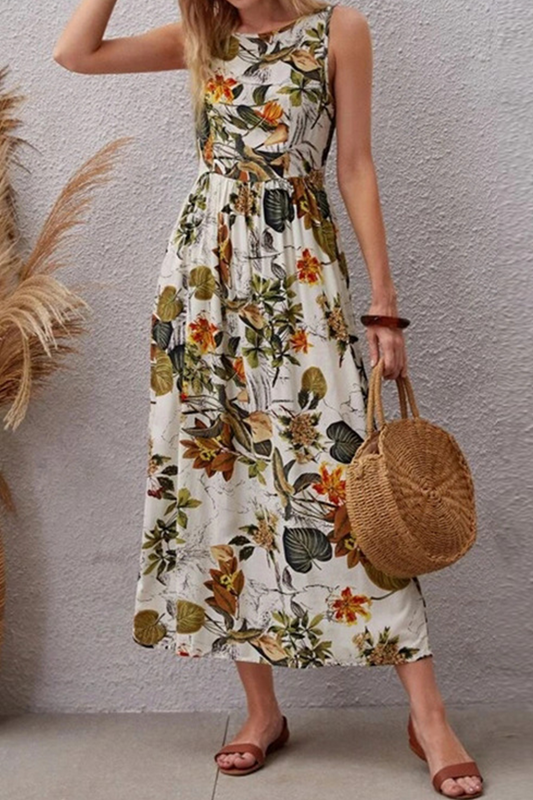 Elegant Vacation Floral Patchwork O Neck A Line Dresses Apricot