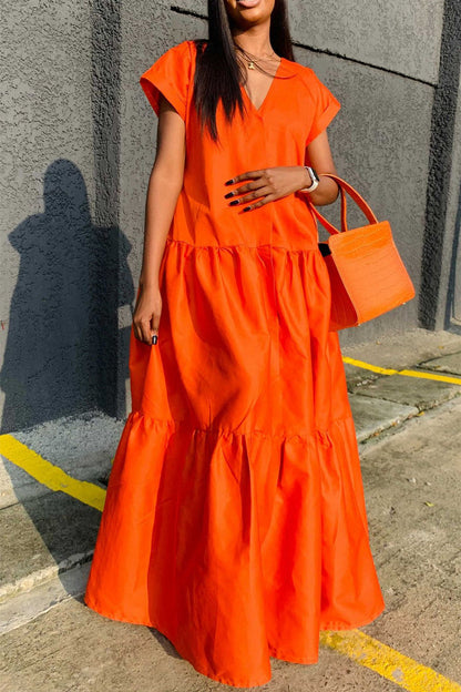 Casual Solid Patchwork Fold V Neck Long Dress Dresses Orange