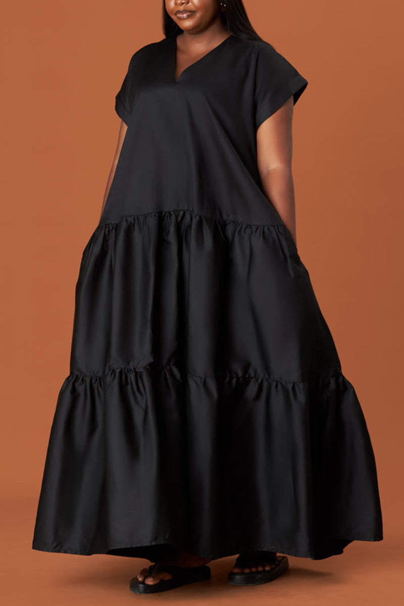 Casual Solid Patchwork Fold V Neck Long Dress Dresses Black