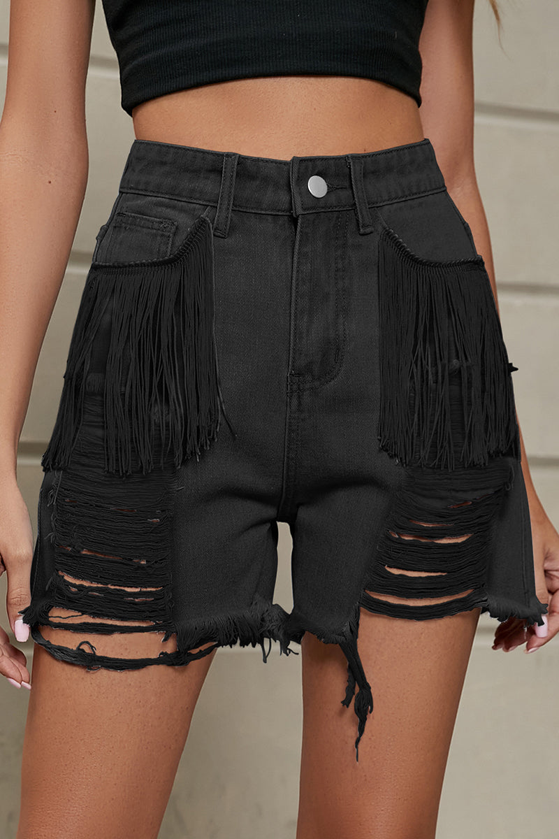 Casual Simplicity Solid Tassel Ripped Straight Denim Shorts Black Gray