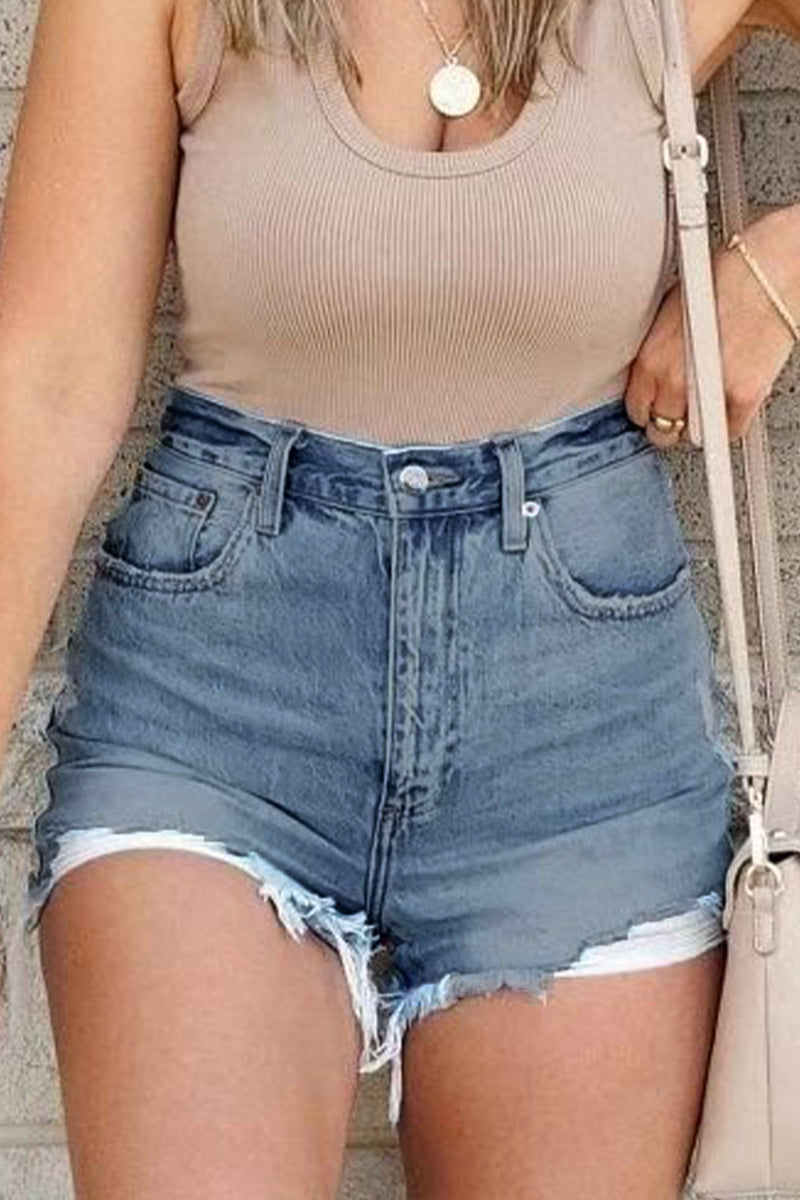 Casual Street Solid Ripped High Waist Denim Shorts The cowboy blue