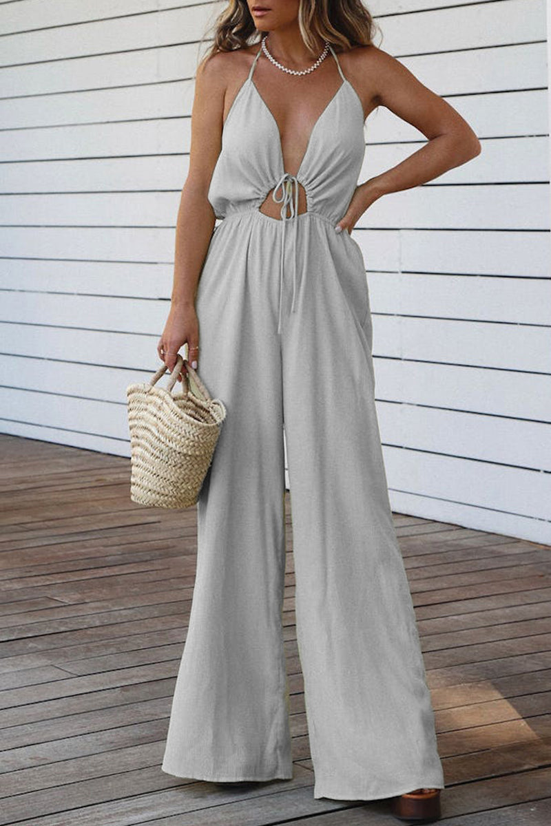 Casual Solid Backless V Neck Regular Jumpsuits(3 Colors) Grey