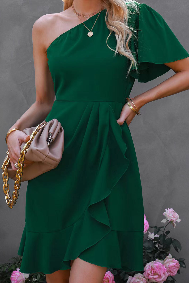 Street Simplicity Solid Flounce Oblique Collar Irregular Dress Dresses(3 Colors) Green