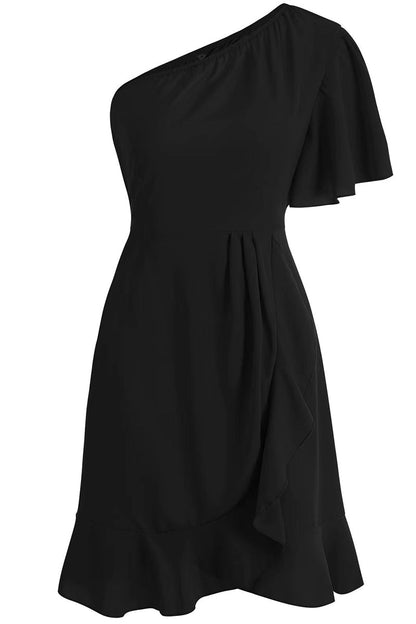 Street Simplicity Solid Flounce Oblique Collar Irregular Dress Dresses(3 Colors)