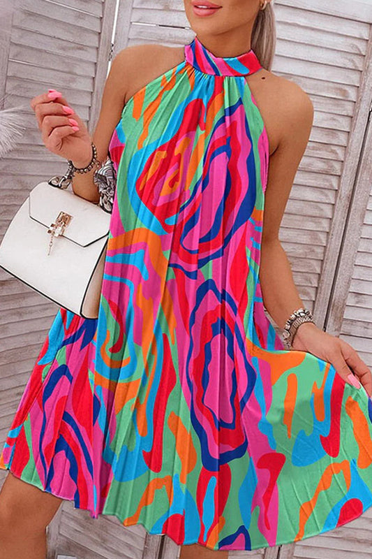 Casual Vacation Print Patchwork Halter One Step Skirt Dresses Colour