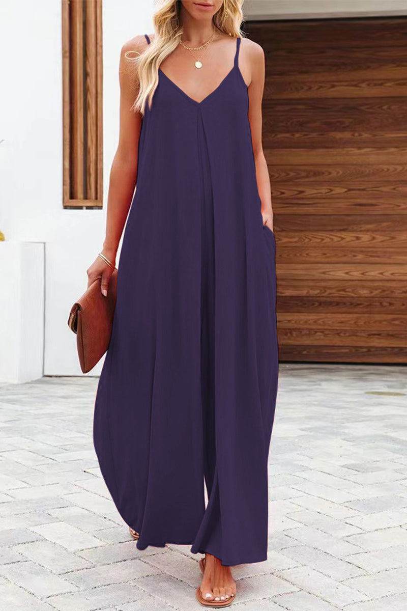 Casual Solid Solid Color V Neck Loose Jumpsuits(6 Colors) Purple