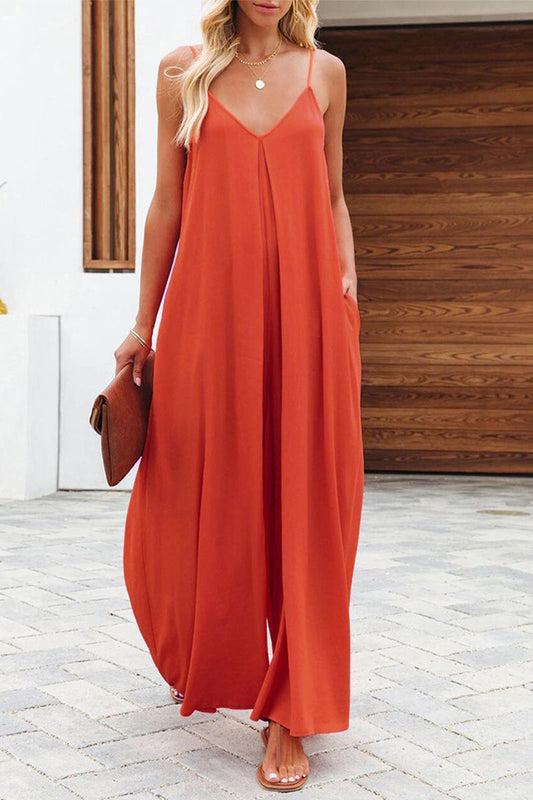 Casual Solid Solid Color V Neck Loose Jumpsuits(6 Colors) Orange Red