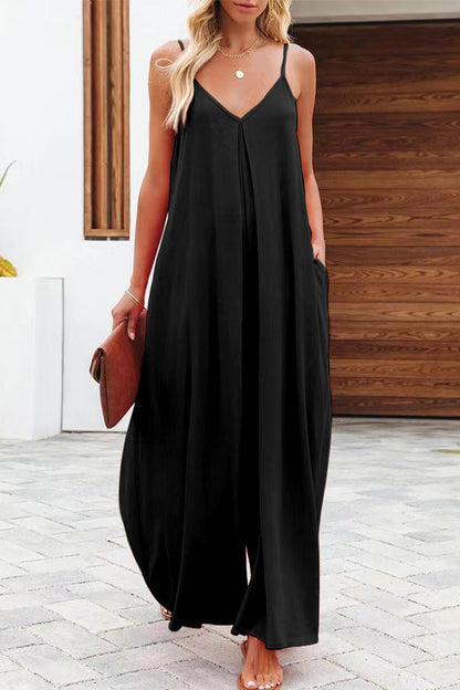 Casual Solid Solid Color V Neck Loose Jumpsuits(6 Colors) Black