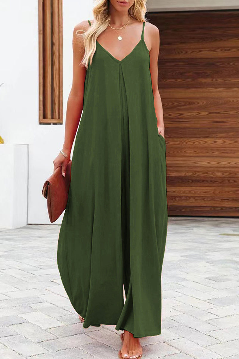 Casual Solid Solid Color V Neck Loose Jumpsuits(6 Colors) Army Green