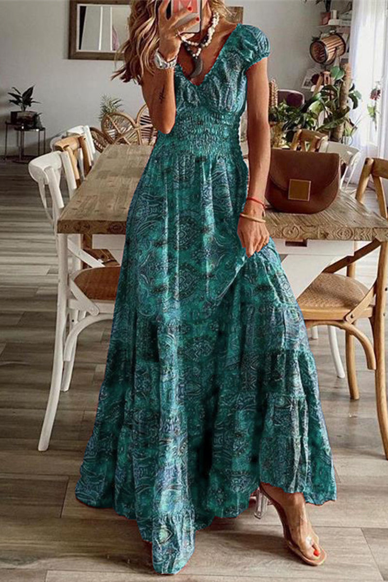 Bohemian College Print Fold V Neck A Line Dresses(6 Colors) Green