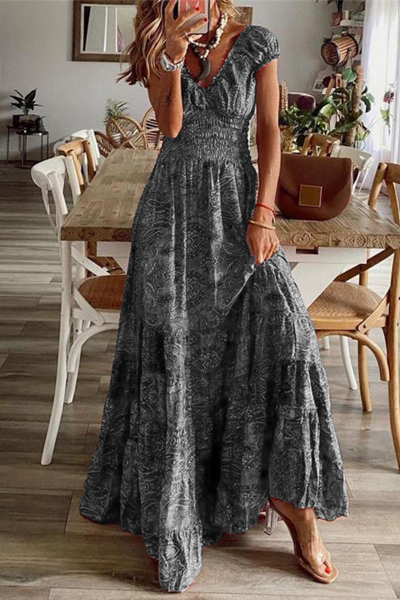 Bohemian College Print Fold V Neck A Line Dresses(6 Colors) Grey