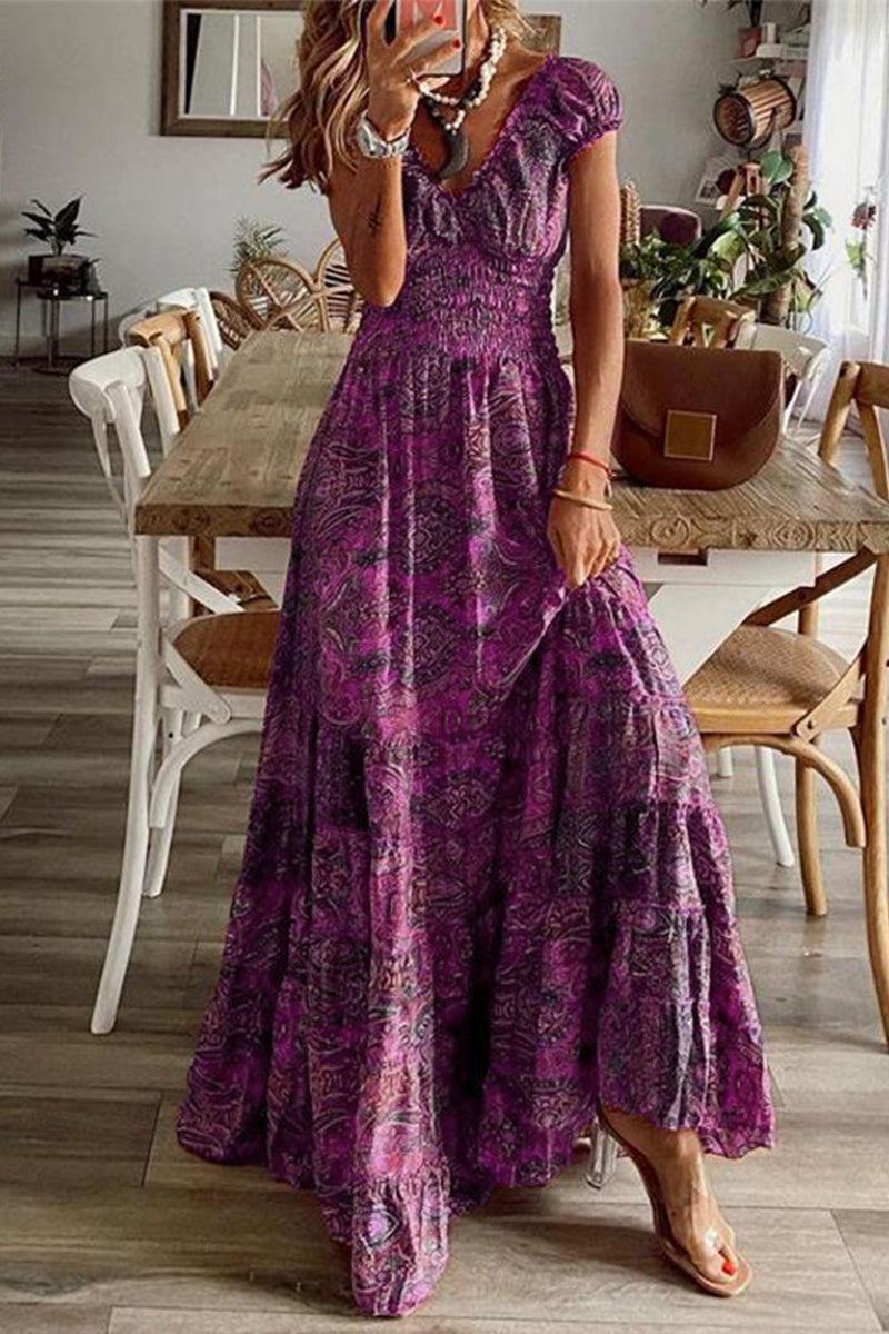 Bohemian College Print Fold V Neck A Line Dresses(6 Colors) Purple