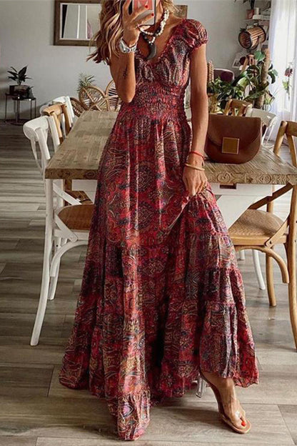 Bohemian College Print Fold V Neck A Line Dresses(6 Colors) Burgundy