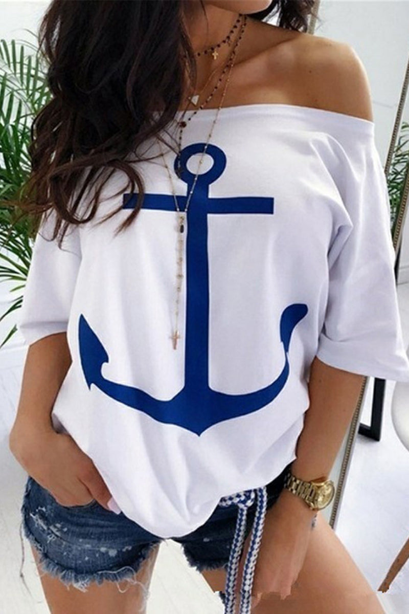 Casual Street Print Patchwork Off the Shoulder T-Shirts(3 Colors) White