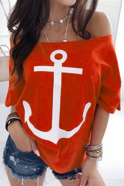 Casual Street Print Patchwork Off the Shoulder T-Shirts(3 Colors) Red