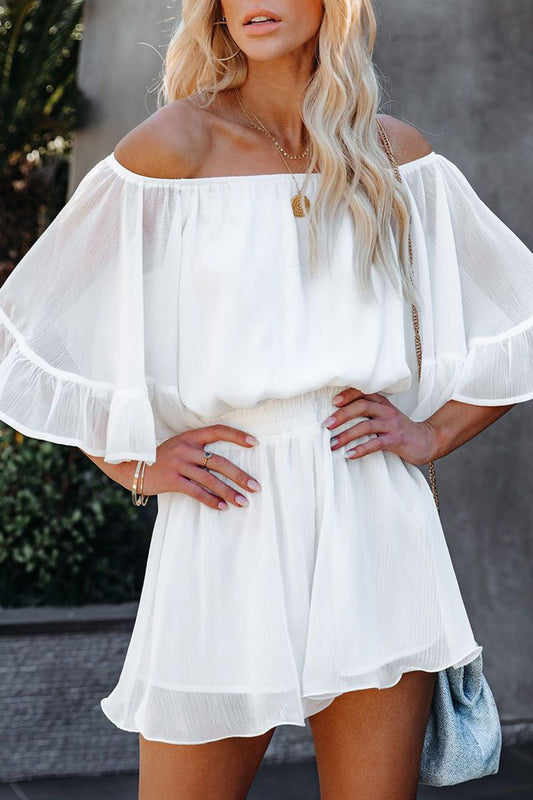 Casual Daily Solid Patchwork Flounce Off the Shoulder Loose Rompers White